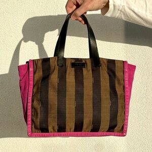 FENDI Fuchsia And Tobacco Pequin Stripe Canvas Bag